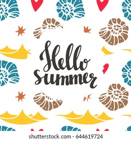 Hello summer seamless pattern. Sea shells, sand, stars, hearts on white background. Handwritten font, lettering 