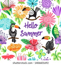 Hello summer seamless pattern with toucans, exotic flowers, tropical leaves.