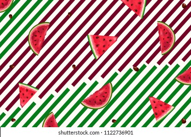 Hello summer. Seamless pattern with watermelons. Watermelon, slice of watermelon on white background. Colorful vector illustration for banners,Wallpaper,flyers, invitation, posters, brochure, voucher 