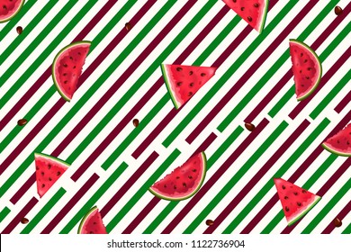 Hello summer. Seamless pattern with watermelons. Watermelon, slice of watermelon on white background. Colorful vector illustration for banners,Wallpaper,flyers, invitation, posters, brochure, voucher 