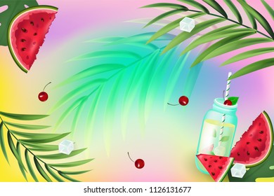 Hello summer. Seamless pattern with watermelons, ice cream, palm branch, ice cubes on colorful years background. Colorful vector illustration for banners, wallpaper, flyers, invitations, posters