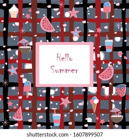 Hello Summer. Summer Seamless Pattern with watermelons and strawberry. Cute Background, summer fruits. Vector Illustration.Summer Holiday Camp poster.