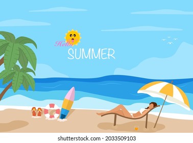 Hello summer seashore concept. A woman in a bikini relaxes on a wooden chair under a yellow umbrella on beach. Surfboard,  sandals and beach ball. Flat style Vector Illustration.