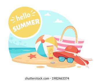 Hello summer. Seaside beach with ball, hat, sunglases and bag. Summer elements. Vector illustration