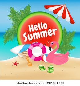Hello Summer Season Background and Objects Design with Flamingo Inflatable Ring Float. Vector illustration