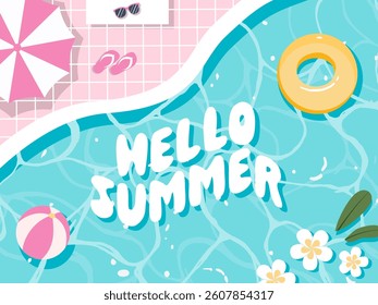Hello Summer season banner or background. Vector Illustration Elements of Hand Drawn Lettering of Hello Summer with swimming pool. doodle handwritten brush design.