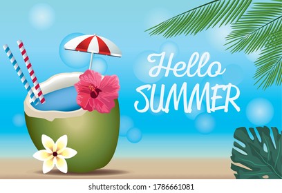 hello summer season holiday with coconut cocktail vector illustration design