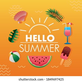 hello summer season lettering with leafs and icons vector illustration design