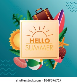 hello summer season lettering with set iocns in square frame vector illustration design