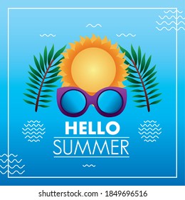 hello summer season lettering with sunglasses and sun vector illustration design