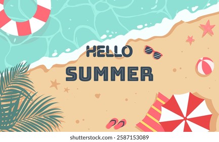 Hello summer season and nature beach beautiful summer banner design background pattern. horizontal poster, greeting card, header for website.