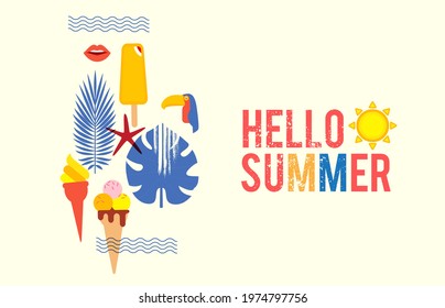 Hello, Summer! Season poster template with silk-screen effect. Serigraphy design.