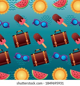 hello summer season with suitcases and icons pattern background vector illustration design