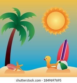 hello summer season with tree palm and icons in beach scene vector illustration design
