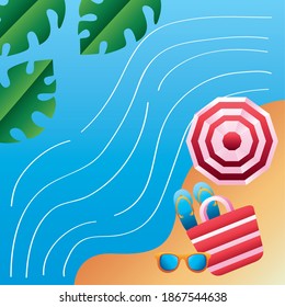 hello summer season with umbrella on the beach vector illustration design