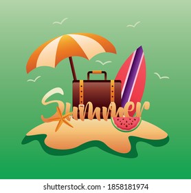 hello summer season with umbrella and suitcase in beach scene vector illustration design