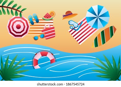 hello summer season with umbrellas and towels on the beach vector illustration design