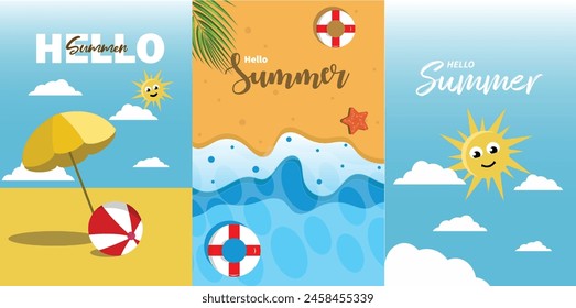 Hello Summer Season Vector Poster Collection. Vector illustration with sun, plum tree, umbrella, beach, ball