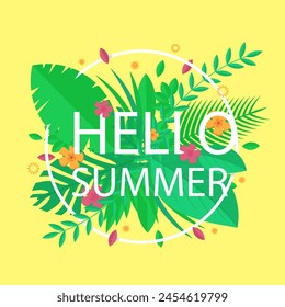 Hola Summer. Vocación de temporada, fin de semana, icono de logotipo de vacaciones. Fondo de pantalla de verano. Feliz día brillante. Diseño floral vegetal. Estilo de moda.