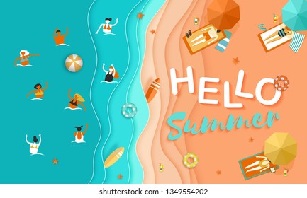 Hello summer seasonal vector banner with beach sunbathing and bathing people men and women playing volleyball in the sea in paper cut style