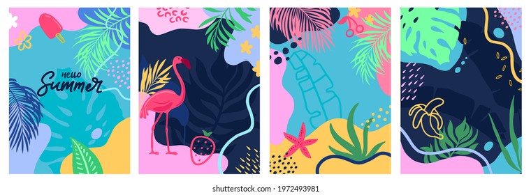 Hello summer set of abstract background designs. Summer social media, sale, brochure, flyer, promotion concept. Colorful vacation, exotic, tropic card.