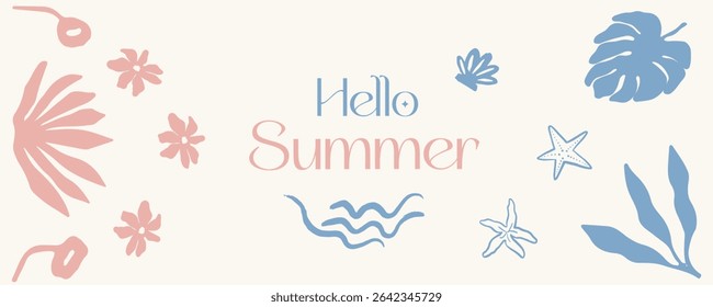 Hello summer set . Abstract template with frame of plants, lines and leaves. Design element for websites, social networks and print. Cartoon flat vector illustration isolated on pink background
