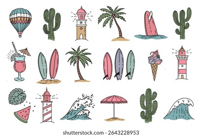 Hello Summer, com balão de ar, prancha de surfe e onda, ilustração desenhada à mão.	