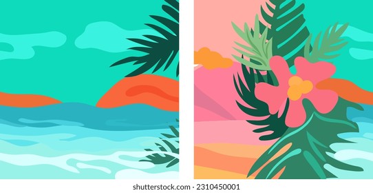 Hello summer. Set of summer banners with colorful tropical leaves, sea, flowers. The concept of relaxation. Templates are perfect for ads, banners, websites, posters. Vector graphics.