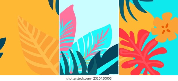 Hello summer. Set of summer banners with colorful tropical leaves, flowers. Relaxation concept. Templates are ideal for advertising, banners, websites, posters. Vector graphics.