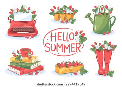 Hello Summer. Set with books, typewriter, cute rubber boots, watering can, strawberries in boxes. Vector illustration