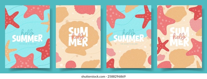 Hello Summer set of cards. Creative vector flyers with hand-drawn seashells and sea stars for decoration summer event, card, banner, cover, ads, holiday. Minimal art design of posters in pale color.