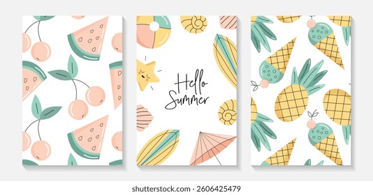 Hello summer set of cards. Pineapple, watermelon, ice cream, sun umbrella, surfboard, ball, shells. Flat vector illustration