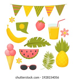 Hello summer set, collection of objects isolated on white background in cartoon, scandinavian style. Banana, pineapple, strawberry and watermelon fruits. Speech bubble, palm leaves and sunglasses. 