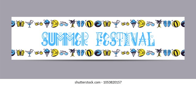 Hello summer and Set of summer colored icons, in a cartoon style doodle, completely handmade.
