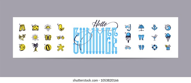 Hello summer and Set of summer colored icons, in a cartoon style doodle, completely handmade.