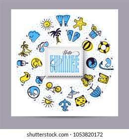 Hello summer and Set of summer colored icons in the form of a circle , in a cartoon style doodle, completely handmade.