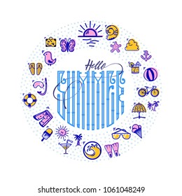 Hello Summer and Set of summer colored icons in the form of a circle , in a cartoon style doodle, completely handmade.