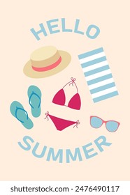 Hello summer, set of compositions, beach accessories, flip-flops, beach towel on the sand on the swimsuit and sunglasses.