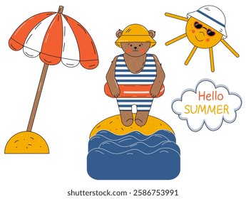 Hello Summer Set Cute Bear in a stripped swimsuit on the beach doodle illustration 