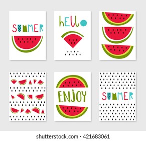Hello summer. Set of cute creative card templates with watermelons. Hand Drawn. For party invitations, scrapbook, print on T-shirts and bags.