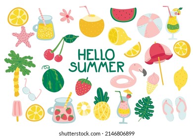 hello summer. Set of cute summer icons. Drawning flat cartoon cocktail, juice, ice cream, fruits, flowers, palm trees. Hand drawn flat cartoon. bright summertime poster, card, scrapbooking, tag