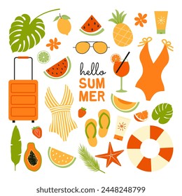 Hello summer set. Cute summer icons. Tropical palm leaves, fruits, swimwear, drinks. Summertime stickers, poster, scrapbooking elements. Vector illustration.