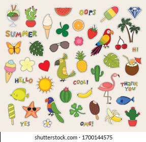 Hello summer. Set of cute stickers palms, fruits, parrot, ice cream, sun, cactus and others.