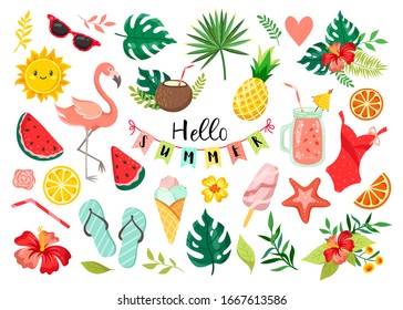 Hello summer. Set of decorative summer elements on a white background. Summer holidays, clothes and drinks.