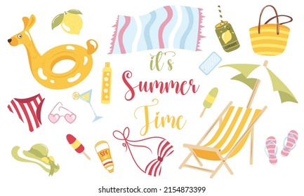 Hello summer. Set of decorative summer elements on a white background. Summer holidays, clothes and drinks.