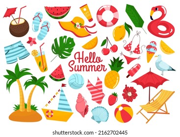 Hello summer set of decorative vector elements isolated on white background. Vacation, holidays, beach life. Cute colorful summer elements - bikini, drinks, fruits, palm trees, ice cream. Flat style.