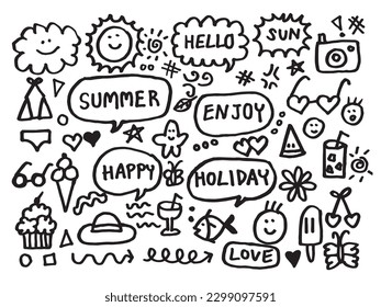 Hello Summer Set , Doodle Cartoon Hand drawn , Cute Icon