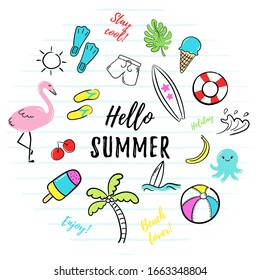 Hello summer. Set of summer doodles on a white background. Vector illustration of colorful funny symbols such as flamingos, ice creams, palm trees, surfboard, slippers, jellyfish, sun, shorts.