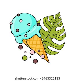 Hello summer set elements with summer desserts with fruits, flowers and leaves.