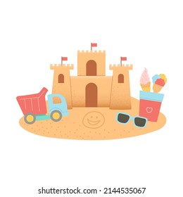 Hello summer set of elements on sand, vector illustration